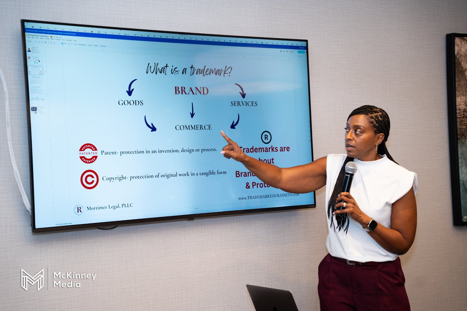 A speaker from Mortimer Legal presents on trademarks at Headshot Happy Hour: Business Law
