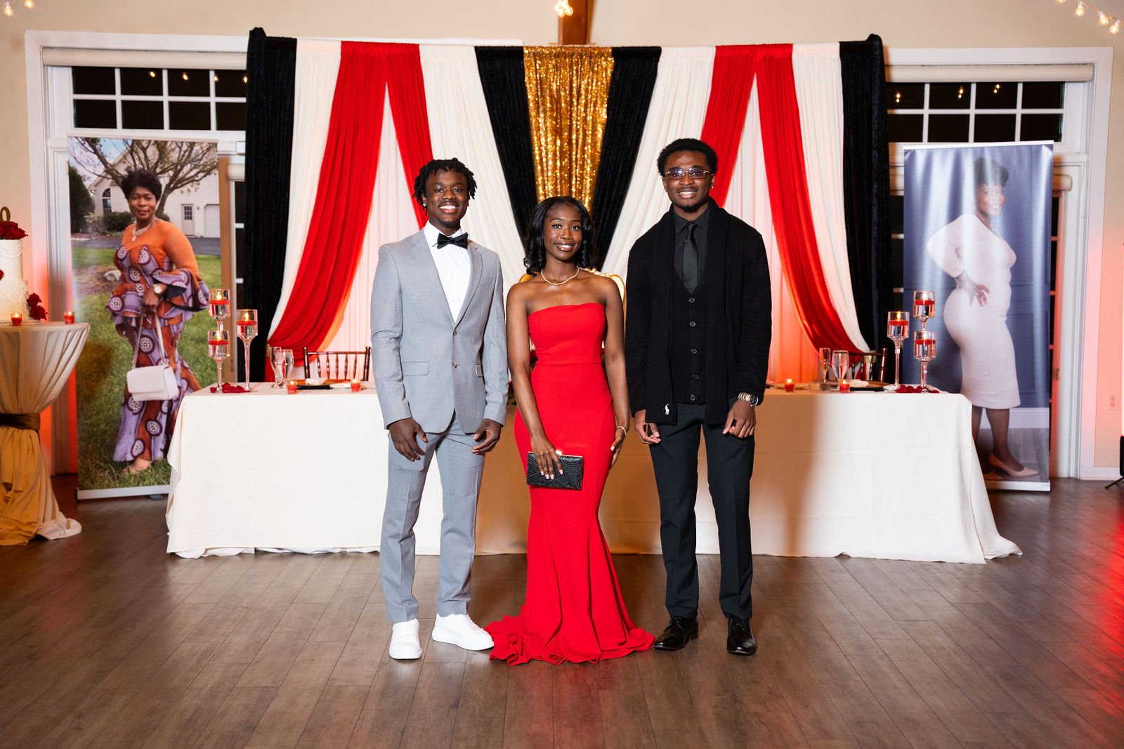 A family poses together at a formal celebration