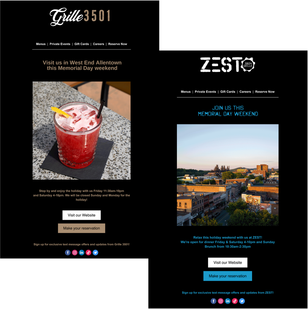 Email campaigns designed by McKinney Media for Grille 3501 and ZEST